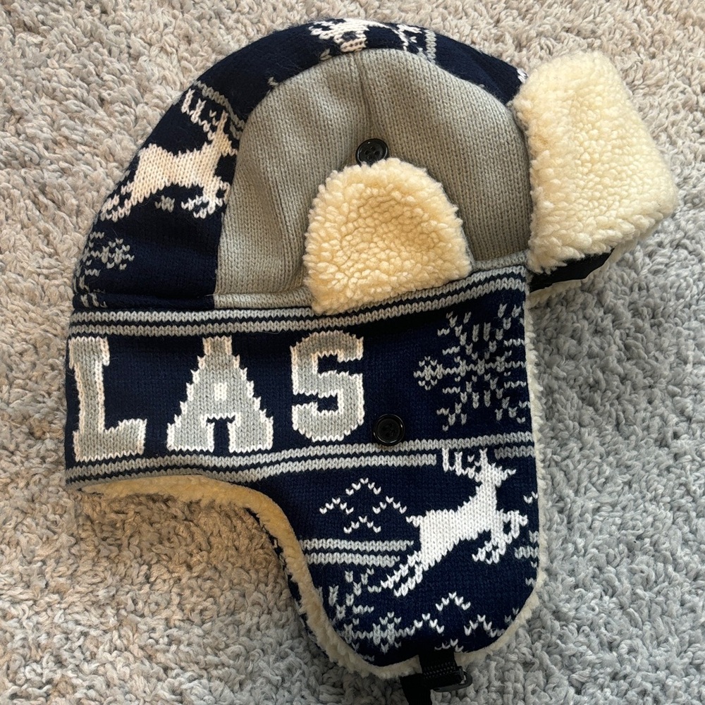Dallas Cowboys Dark Blue and Cream Reindeer Knit Trapper Hat